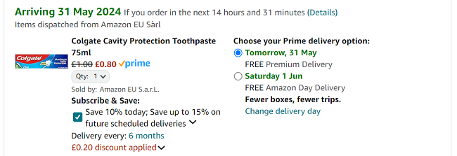 Screenshot showing Colgate Cavity Protection Toothpaste 75ml for 80p at Amazon