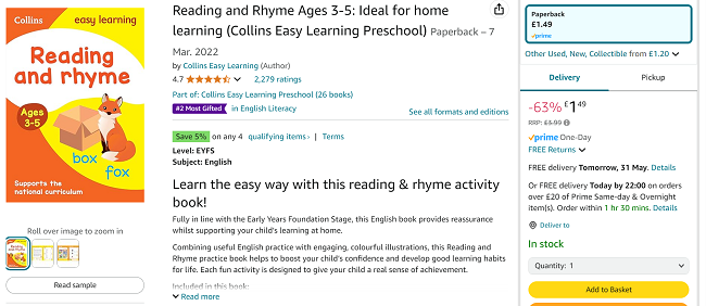 Screenshot showing Collins Easy Learning Workbook for £1.49 at Amazon