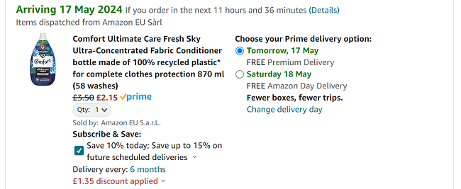 Screenshot showing Comfort Ultimate Care Fresh Sky Ultra-Concentrated Fabric Conditioner 58 Wash for £2.15 at Amazon