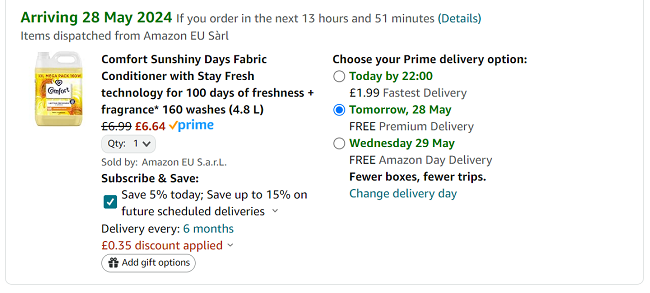 Screenshot showing Comfort Sunshiny Days Fabric Conditioner 160 Wash for £6.64 at Amazon