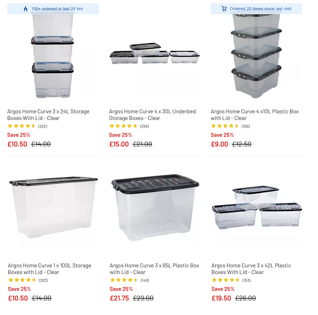 Screenshot showing reduced Curve Storage Boxes at Argos