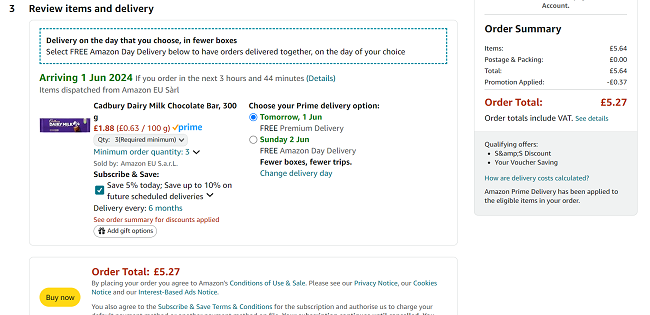 Screenshot showing Cadbury Dairy Milk Chocolate Bar 300g 3 for £5.27 at Amazon