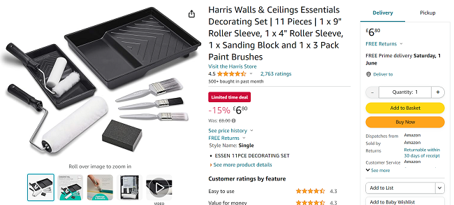 Screenshot showing Harris Walls & Ceilings Essentials Decorating Set for £6.80 at Amazon