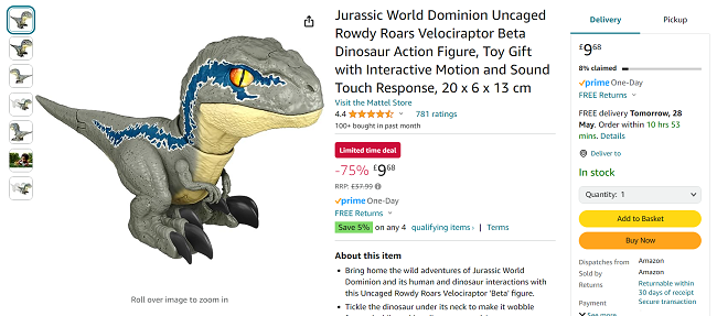 Screenshot showing Jurassic World Dominion Uncaged Rowdy Roars Velociraptor Beta Dinosaur Action Figure for £9.68 at Amazon