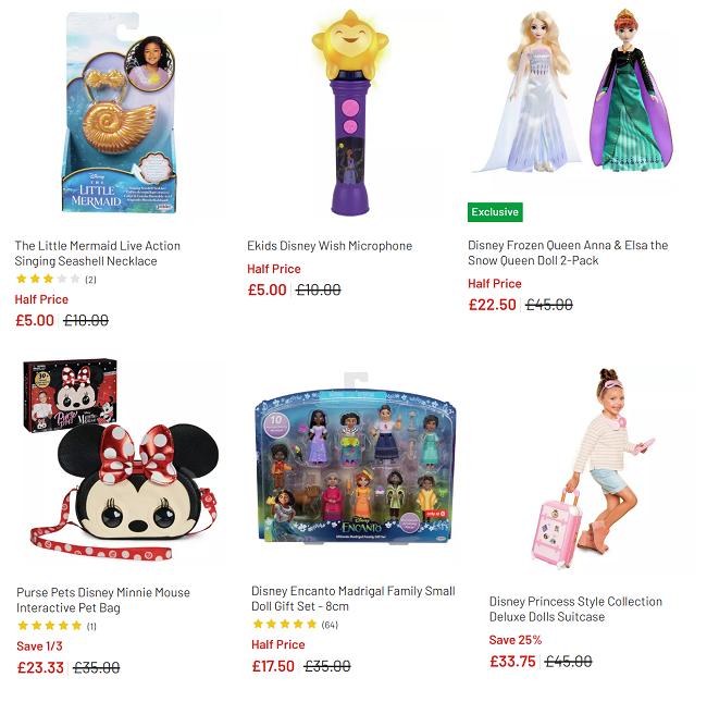 Screenshot showing reduced Disney toys at Argos