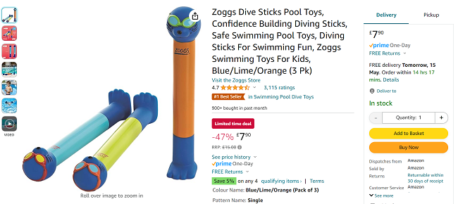 Screenshot showing Zoggs Dive Sticks Pool Toys 3 Pack for £7.90 at Amazon