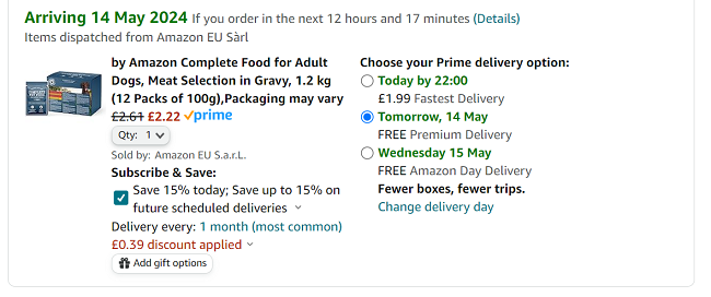Screenshot showing Amazon Complete Food 12 Packs of 100g for £2.22 at Amazon