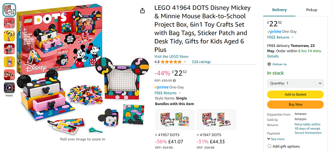 Screenshot showing LEGO 41964 DOTS Disney Mickey & Minnie Mouse Back-to-School Project Box for £22.32 at Amazon