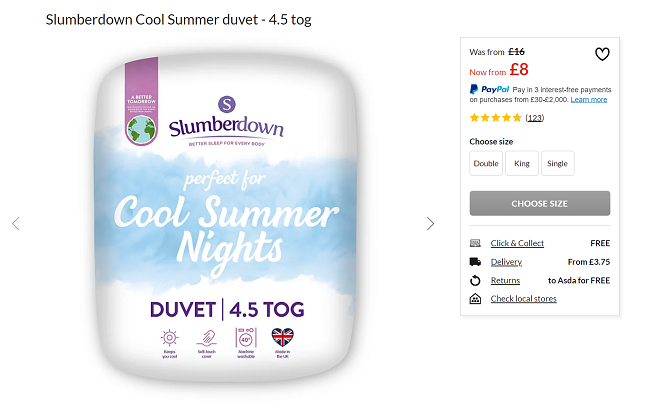 Screenshot showing Slumberdown Cool Summer Duvet 4.5 tog from £8 at Asda George