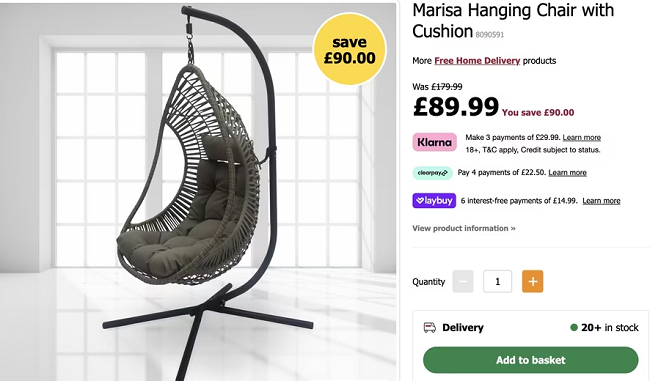 Screenshot showing Marisa Hanging Chair with Cushion for £89.99 at Wilko