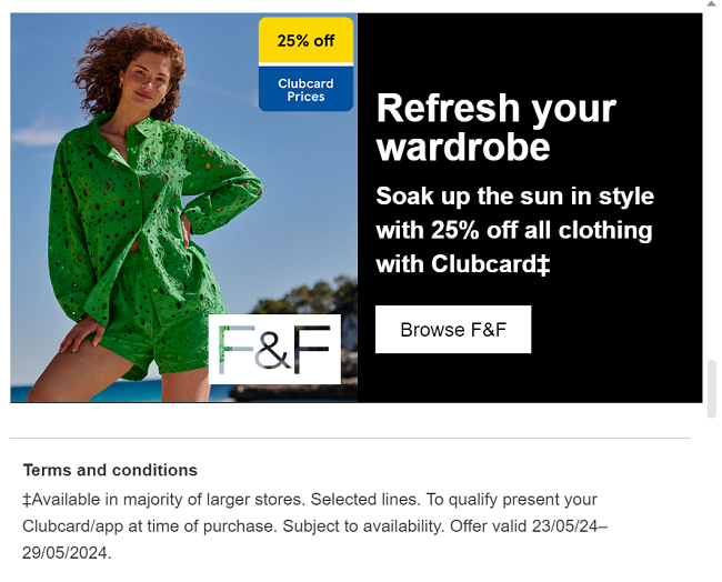 Screenshot showing 25% Off All F&F Clothing offer at Tesco with Clubcard