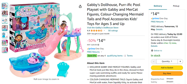 Screenshot showing Gabby’s Dollhouse Purr-ific Pool Playset for £14.99 at Amazon
