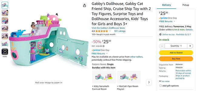 Screenshot showing Gabby's Dollhouse Cat Friendship Cruise Ship Playset for £25 at Amazon