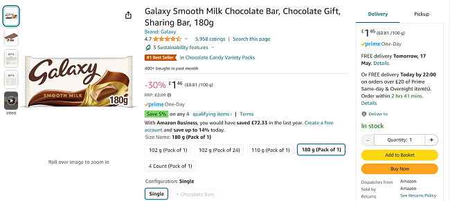 Screenshot showing Galaxy Smooth Milk Chocolate Bar 180g for £1.46 at Amazon