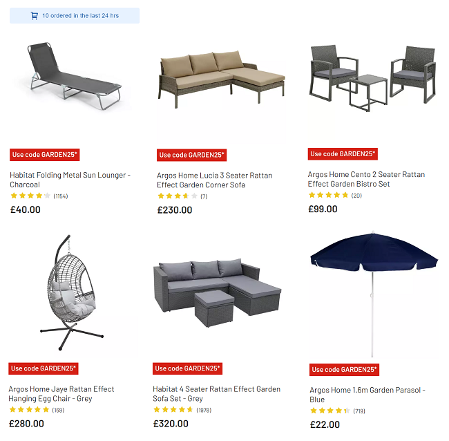 Screenshot showing 25% Off Selected Garden Furniture with code offer at Argos