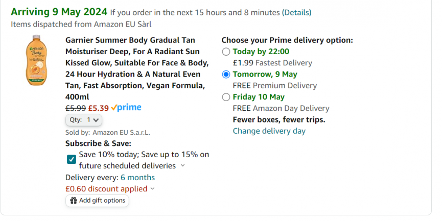 Screenshot showing Garnier Summer Body Gradual Tan Moisturiser 400ml for £5.39 at Amazon