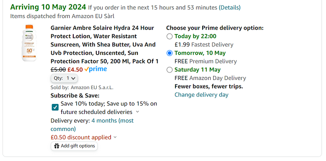 Screenshot showing Garnier Ambre Solaire Hydra 24 Hour Protect Lotion Factor 50 200ml for £4.50 at Amazon