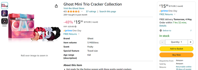 Screenshot showing Ghost Mini Trio Cracker Collection for £15 at Amazon