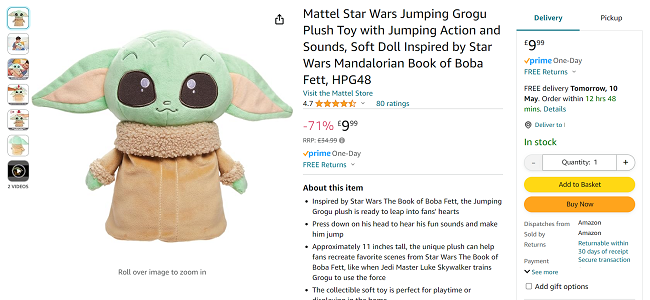 Screenshot showing Star Wars Jumping Grogu Plush Toy with Jumping Action and Sounds for £9.99 at Amazon