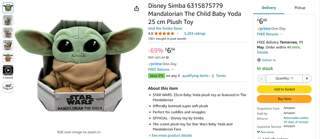 Screenshot showing Star Wars The Mandalorian The Child Baby Yoda 25cm Plush Toy for £6.66 at Amazon / The Entertainer