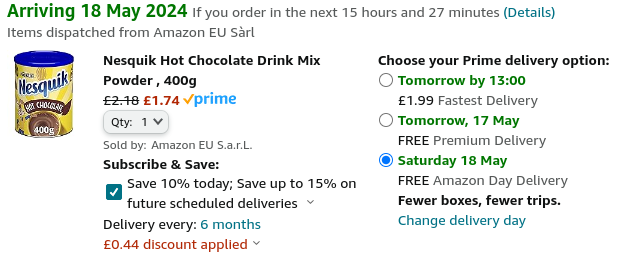 Screenshot showing Nesquik Hot Chocolate 400g for £1.74 at Amazon