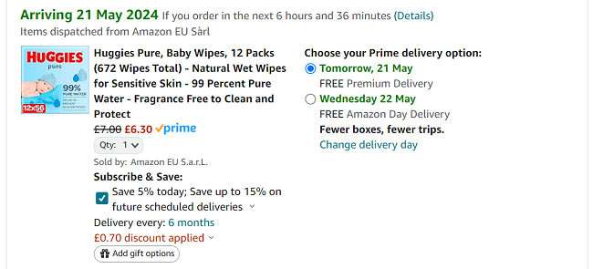 Screenshot showing Huggies Pure Baby Wipes 12 Packs for £6.30 at Amazon