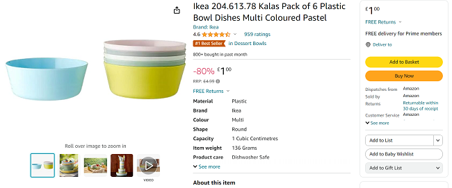 Screenshot showing Ikea Kalas Pack of 6 Plastic Bowl Dishes for £1 at Amazon