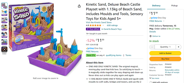 Screenshot showing Kinetic Sand Deluxe Beach Castle Playset for £11.99 at Amazon