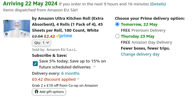 Screenshot showing by Amazon Ultra Kitchen Roll Extra Absorbent 4 Rolls for £2.42 at Amazon