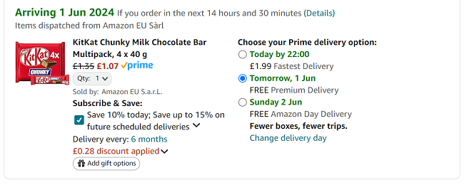 Screenshot showing KitKat Chunky Milk Chocolate Bar Multipack 4 x 40g for £1.07 at Amazon 