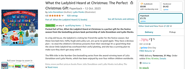 Screenshot showing What the Ladybird Heard at Christmas Book for £1.75 at Amazon