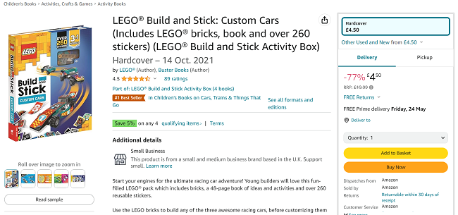 Screenshot showing LEGO Build & Stick Custom Cars Activity Box for £4.50 at Amazon
