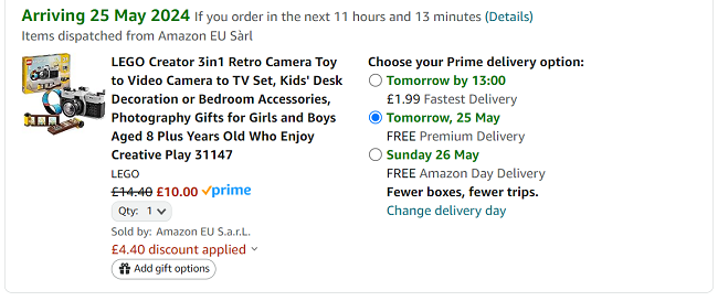 Screenshot showing LEGO Creator 3-in-1 Retro Camera for £10 at Amazon