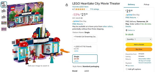 Screenshot showing LEGO Friends Heartlake City Movie Theater for £21 at Amazon
