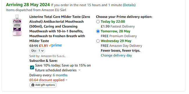 Screenshot showing Listerine Total Care Milder Taste Antibacterial Mouthwash 500ml for £1.91 at Amazon