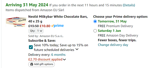Screenshot showing Milkybar White Chocolate Bars 40 x 25g for £10.80 at Amazon