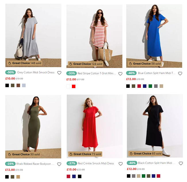 Screenshot showing reduced dresses from New Look