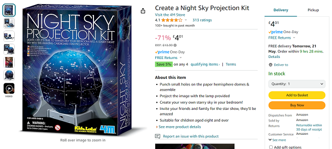 Screenshot showing Create a Night Sky Projection Kit for £4.01 at Amazon