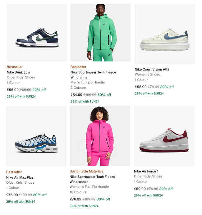 Screenshot showing sale items at Nike