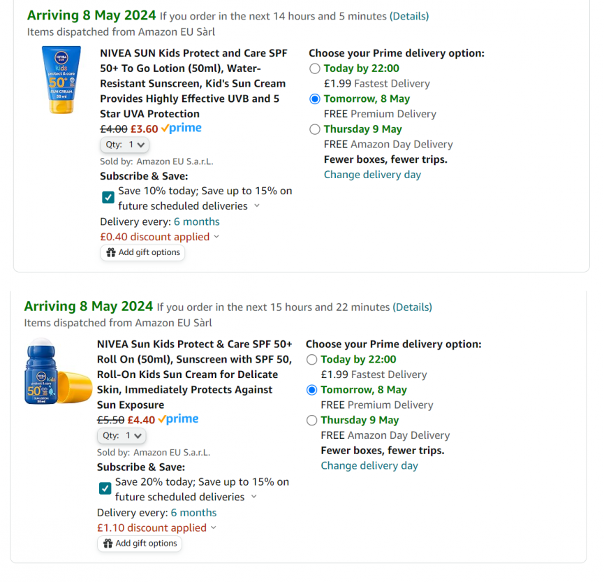 Screenshot showing NIVEA SUN Kids Protect and Care SPF 50+ To Go Lotion (50ml) for £3.60 at Amazon