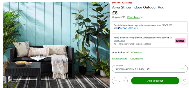 Screenshot showing Arya Stripe Indoor Outdoor Rug for £6 at Dunelm