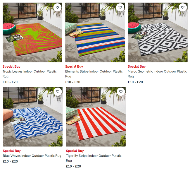 Screenshot showing Outdoor Rugs at Dunelm