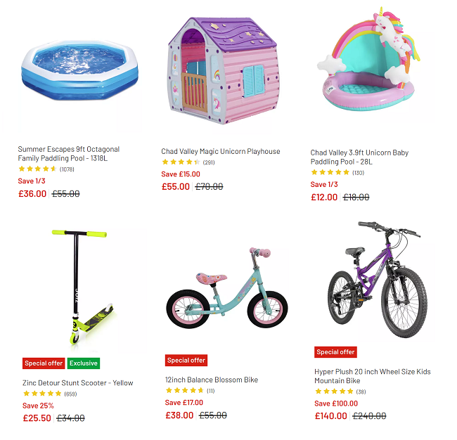 Screenshot showing reduced outdoor toys at Argos