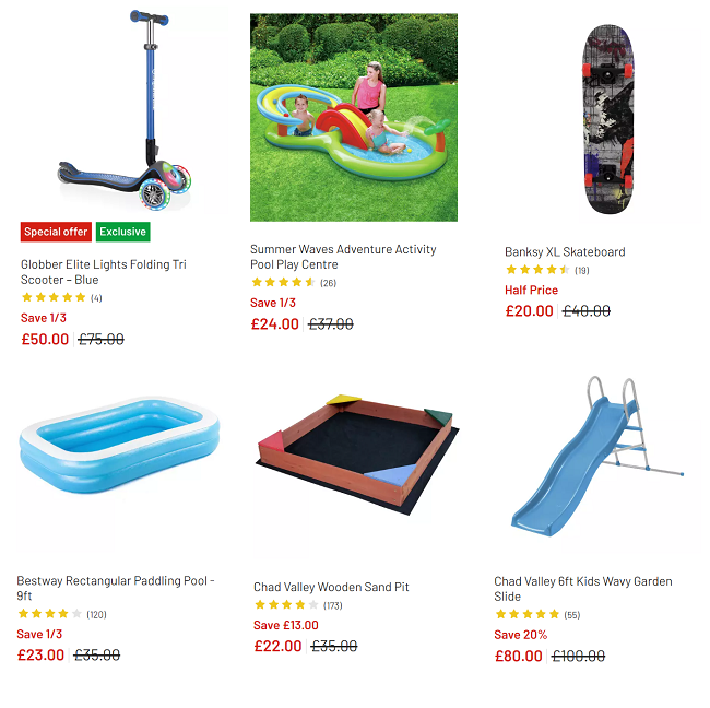 Screenshot showing Outdoor Toy Sale at Argos