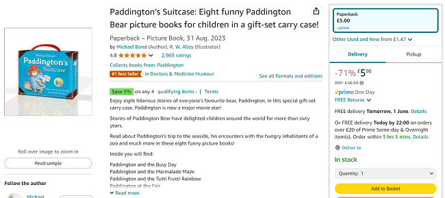 Screenshot showing Paddington’s Suitcase 8 Book Collection for £5 at Amazon