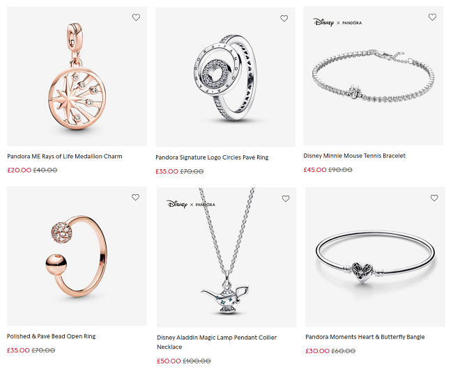 Screenshot of Pandora sale items