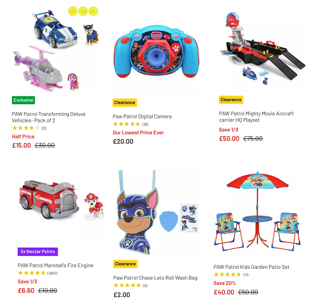 Screenshot showing reduced Paw Patrol toys Argos