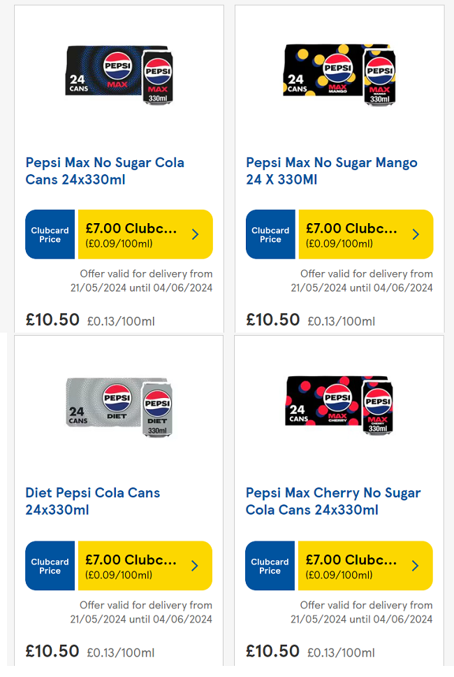 Screenshot showing Pepsi Max 24 x 330ml for £7 Clubcard Price at Tesco