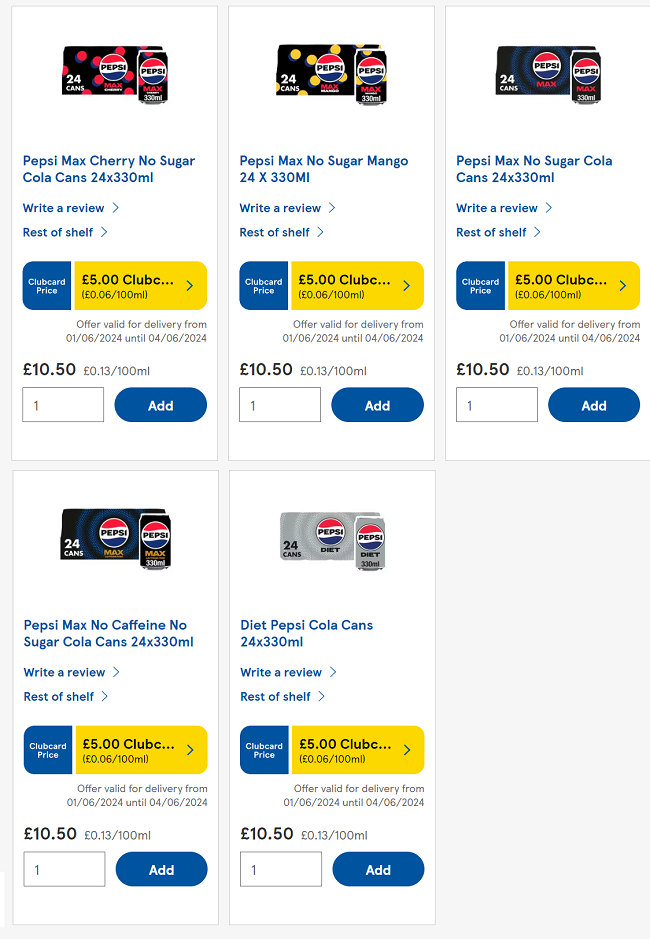 Screeshot showing Pepsi Max / Cherry / Mango / Diet / Caffeine Free 24 x 330ml Cans for £5 at Tesco