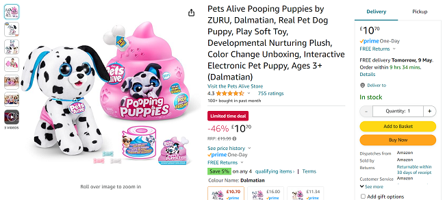 Screenshot showing Zuru Pets Alive Pooping Puppies for £10.70 at Amazon